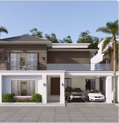 two cars are parked in front of a three - story house with balconies