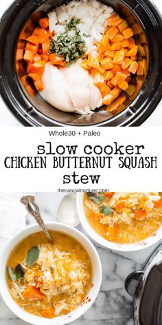 the slow cooker chicken butternut squash stew is ready to be eaten and served