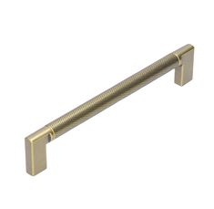 an antique brass finish pull handle on a white background, with a diagonal design in the middle