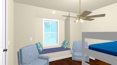 this is a computer rendering of a bedroom with bunk beds and blue chairs in it