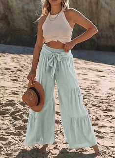 Lasaky - Chic Casual High-Waisted Wide-Leg Pants Flared Palazzo, Trendy Pants, Heart Clothes, Loose Trousers, High Waist Fashion, Linen Style, Beach Pants, Shopping Ideas, Pantalon Large