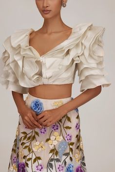 Ivory crop top in a 3-D textured ruffled drape pattern. - Aza Fashions Elegant Cropped Blouse With Ruffles, Elegant Cropped Ruffle Blouse, Drape Pattern, Crop Top For Women, Crop Top Women, Ivory Tops, Neck Crop Top, Top For Women, Online Tops