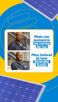 an advertisement with two men in front of a solar panel