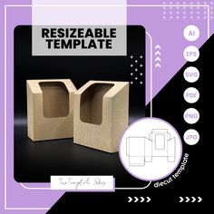 two cardboard boxes sitting side by side on a purple background with the words resizeable template