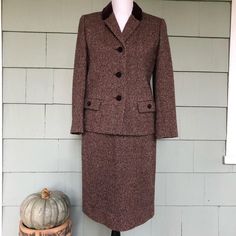 "Tailored perfection in this 1960 classic tweed tweed suit by Windsmoor London.  Flap pockets, brown velvet buttons and collar. Fully lined. Jacket and pencil skirt. Wonderful for mix and matching. Size small.  Jacket:  Bust 37 / Sleeve 21 / Length 23 Skirt:  Waist 26 / Hips 37 / Length 24.5 Pristine condition  ---- Registered in 1939, Windsmoor's style is associated with the traditional,  country side, English lady. \"Look your best in Windsmoor\"" Classic Wool Skirt Suit For Work, Formal Fitted Single-breasted Tweed Dress, Classic Tailored Wool Skirt Suit, Classic Tweed Office Dress, Wool Skirt Suit For Formal Fall Events, Wool Skirt Suit For Formal Fall Occasions, Classic Formal Tweed Dress, Classic Wool Skirt Suit For Winter, Classic Fitted Tweed Dress For Fall