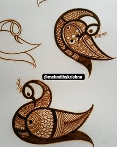 two birds with intricate designs on their backs and legs, one is drawn in brown ink