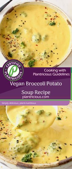 broccoli potato soup recipe in a pan with spoons on the side and title overlay