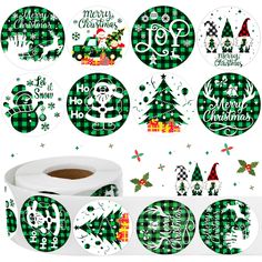 green christmas stickers with white and black designs