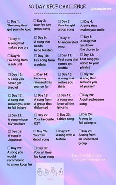 the 30 day pop challenge is shown in pink and blue