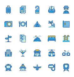 the icons are blue and have different types of things to see in them, such as luggage