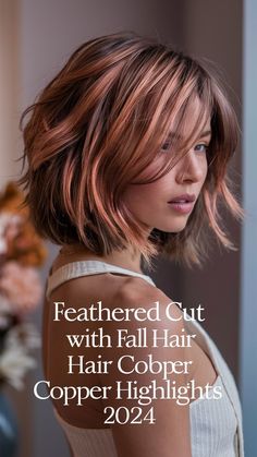 Flicked-Out Ends with Fall Hair Colors Copper Highlights 2024 🌟 Short Black Hair With Copper Highlights, Red Copper Hair Color Highlights, Short Hair Copper Balayage, Red Low Lights Brown Hair, Ginger Hair Color Short, Brown Hair With Orange Highlights, Medium Red Hair, Highlights 2024