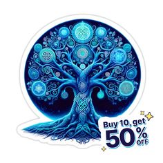 a blue sticker with an image of a tree in the middle and stars around it