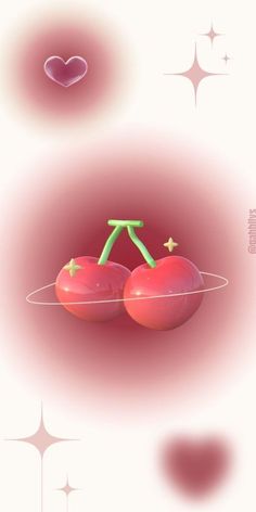 two cherry tomatoes are in the middle of an image with hearts floating above them and on top of each other