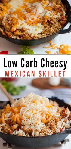 low carb cheesy mexican skillet with shredded cheese and meat in it