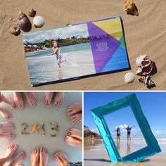 the beach is decorated with shells, sand and sea shells as well as pictures of people