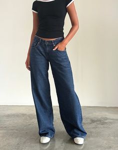 Roomy Extra Wide Low Rise Jeans in Mid Indigo Blue Dark Blue Straight Leg Jeans, Low Rise Wide Leg Jeans Outfit, Low Waist Bootcut Jeans Outfit, Low Raised Jeans, Dark Blue Denim Jeans Outfit, Navy Jeans Outfit, August Moodboard, Smart Casual Jeans, Wide Leg Jeans Outfits