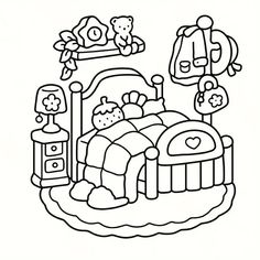 a black and white drawing of a child's bed with toys on the floor