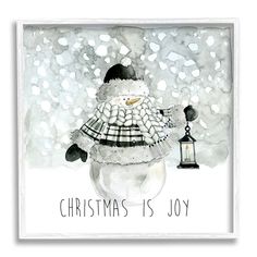 a christmas card with a snowman holding a lantern