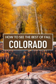 a person walking down the middle of a road with trees in the background and text overlay that reads how to see the best of fall colorado