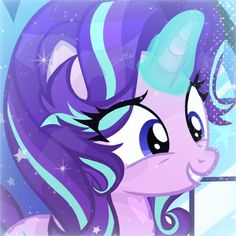 a purple pony with blue hair and stars on it's head, looking over a window