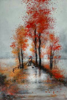 an oil painting of people walking in the rain and trees with red leaves on them