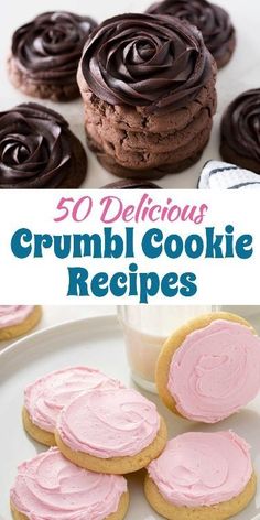 some cookies with pink frosting are on a white plate and the words 50 delicious crumbl cookie recipes