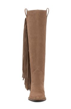 Swingy fringe cascades down the side of a statement-making knee-high boot balanced by a slender toe and stacked block heel. 3" heel 15 1/4" shaft; 15 3/4" calf circumference Pull-on style Leather upper/synthetic lining and sole Imported Kids Makeup, Walker Shoes, Fringe Boots, Platform Slippers, Maternity Shops, Kids Sandals, Designer Clothes For Men, Modern Outfits, Toddler Girl Outfits