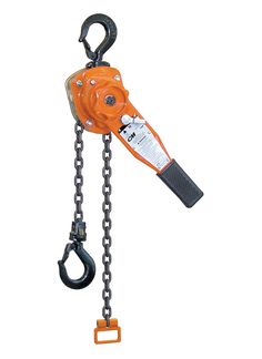 an orange lever hoist with chain on white background