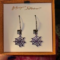 Dangling Spiderwebs On These Earrings From Betsey Johnson. Spiderwebs Are Purple With Sparkling Gems. Comes In Cute Gift Box. Trendy Purple Metal Earrings, Purple Metal Jewelry For Halloween, Purple Pierced Earrings For Party, Party Purple Pierced Earrings, Nickel-free Purple Earrings For Party, Purple Earrings As Halloween Gift, Purple Earrings For Halloween Gift, Purple Earrings For Halloween Party, Trendy Lavender Jewelry For Party