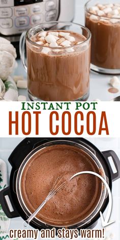 hot cocoa in a crock pot with marshmallows on top and an instant pot next to it