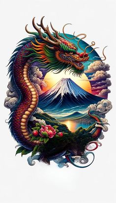 a dragon with mountains in the background and clouds above it, as well as flowers