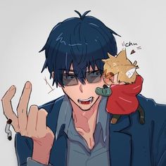 an anime character holding a cat on his shoulder