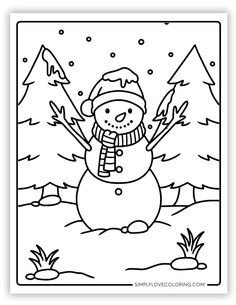 a black and white snowman with trees in the background