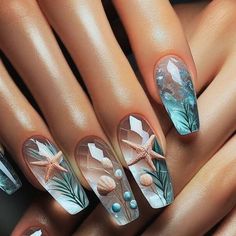 Beach Nail Art Designs Sea, Beach Ocean Nails, Under The Sea Nail Designs, Sea Nail Designs, Summer Nail Art Designs 2024, Sea Nails Designs, Ocean Nails Sea, Sea Themed Nails, Ocean Themed Nails