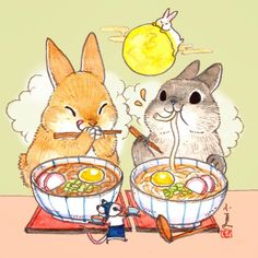 two rabbits are eating ramen with chopsticks