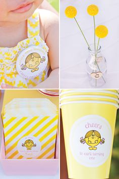 four different pictures with yellow and white flowers in vases, cupcakes on table