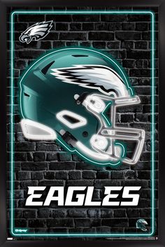 the philadelphia eagles neon sign is shown against a brick wall and has a helmet on it