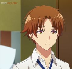 an anime character with red hair wearing a white shirt and blue collared shirt looking at the camera