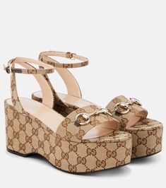 Horsebit GG Canvas platform sandals in beige - Gucci | Mytheresa Gucci Platform Sandals, Gucci Sandals, Canvas Sandals, Latest Sandal, T Strap Flats, Shoes Gucci, Mid Heels Pumps, Gucci Horsebit, Mid Heel Sandals