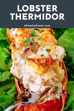 lobster and potato casserole with text overlay that reads lobster thermidor