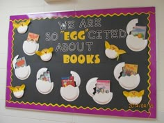 we are so egg - stuffed about books bulletin board in the school's library