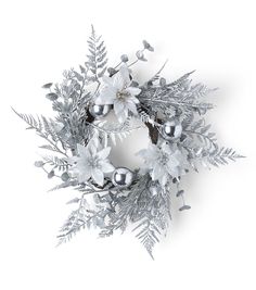 a silver and white christmas wreath on a white background