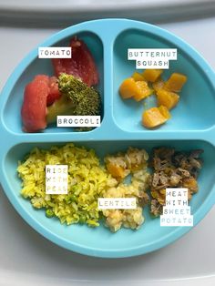 a blue plate filled with different types of food on top of a white countertop