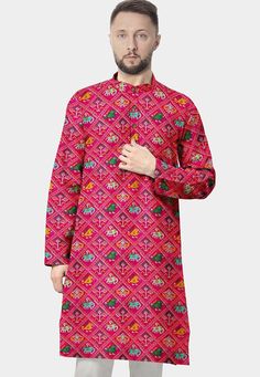 Readymade Art Silk Straight Kurta in Fuchsia. This Chinese Collar and Full Sleeves is Enhanced with Patola Printed With Animal Motif Enhanced With Buttons And Side Pockets. Do note: Bottom and Footwear shown in the image is for presentation purposes only. Half to one inch may vary in measurement. (Slight variation in actual color vs. image is possible) We sell all kinds of menswear. Mens Kurta | Mens Kurta Pajama | Mens Sherwani | Mens Sherwani Sets | Traditional Menswear | Partywear Menswear | Pink Long Sleeve Kurta For Diwali, Festive Pink Kurta With Printed Motifs, Pink Long Sleeve Kurta With Printed Motifs, Pink Floral Print Kurta For Diwali, Festive Pink Printed Kurta, Pink Printed Long Sleeve Kurta, Printed Long Sleeve Pink Kurta, Pink Long Sleeve Printed Kurta, Traditional Pink Kurta With Printed Motifs