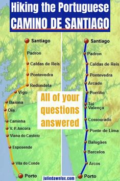 a map with the words hiking the portuguese camino de santiago on it and an image of