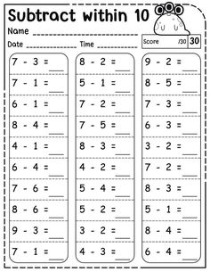 subtract with 10 worksheet for students to practice addition and subtraction