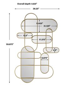 the measurements for an oval mirror with metal frame and gold trimmings on it