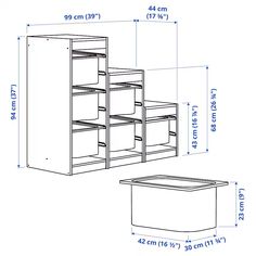 the measurements for an open cabinet with drawers and cupboards on each side are shown