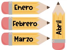 three pencils with the words mayo, juno and julia written in spanish on them