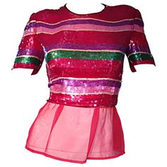 Beautiful vintage VICTOR COSTA for NEIMAN MARCUS sequined crop top, with attached red chiffon peplum! Features all over sequined stripes in pink, purple, green, and red. Full zipper up the back, with hook-and-eye closure. Looks amazing on, and can be worn a number of ways. Great with shorts, jeans, trousers, or a skirt. In great condition. Comes with extra packet of original sequins (in case of sequin loss). Made in USA. Marked Size US 4 Measurements: 36-38 inch bust 26- 29 inch waist Olive Desk, Red Sequin Top, Sequin Peplum Top, Vintage Sequin Top, Pink Sequin Top, Red Peplum Tops, Olivia Jones, Pink Peplum Top, Chiffon Crop Top